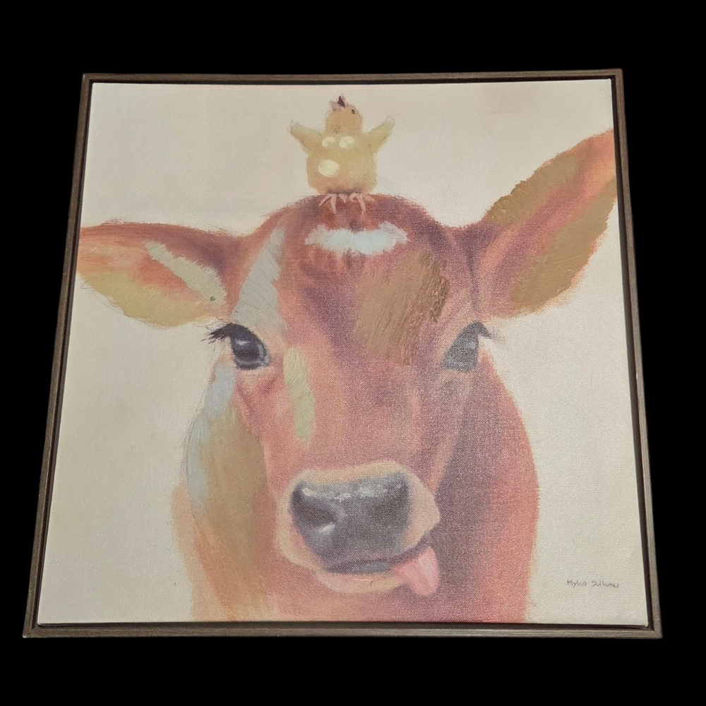 Whimsical Cow & Chick Canvas Wall Art - Pastel Brown